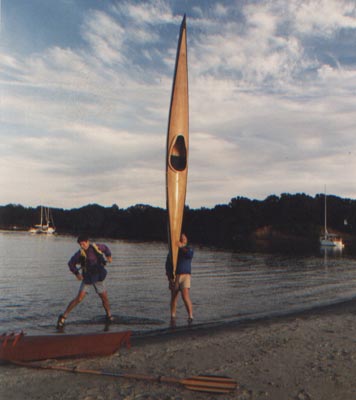Balancing a Chesapeake 18 wooden kayak on end