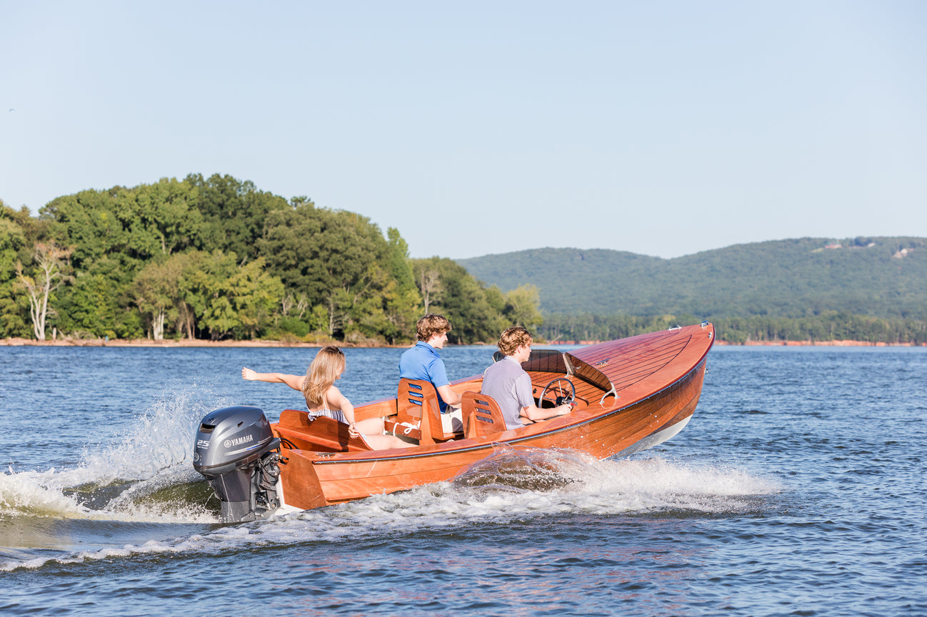 Rhode Runner Runabout built by the Bozeman family, seen here at High Rock Lake, North Carolina.