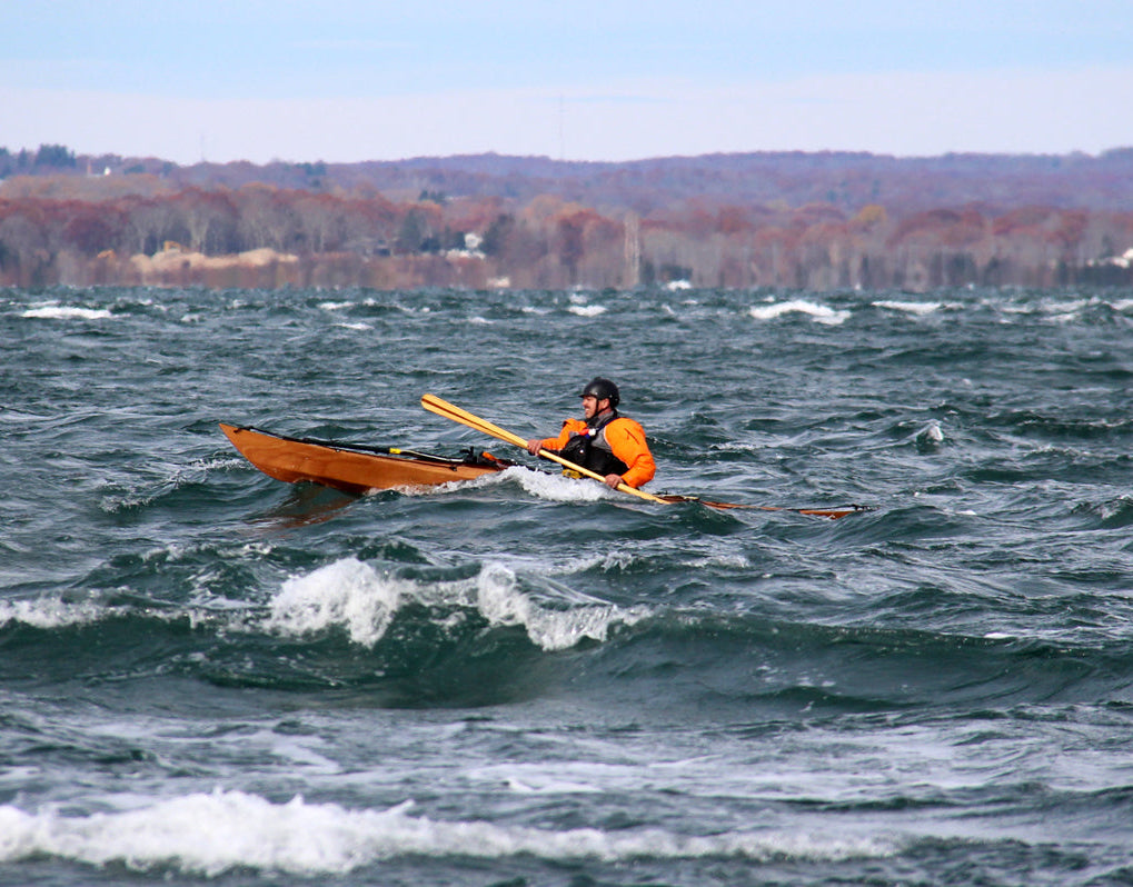 Paddling through an autumn gale in a Shearwater Sport Kayak