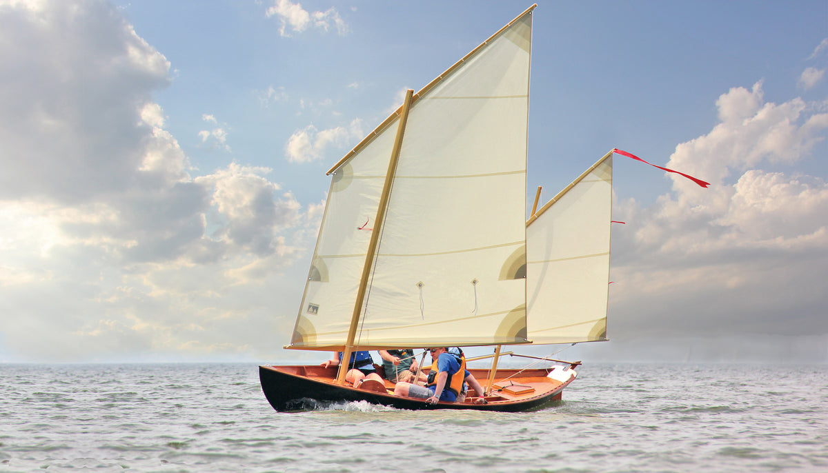 Southwester Dory sailing the Chesapeake Bay during one of CLC's Okoumefest gatherings.
