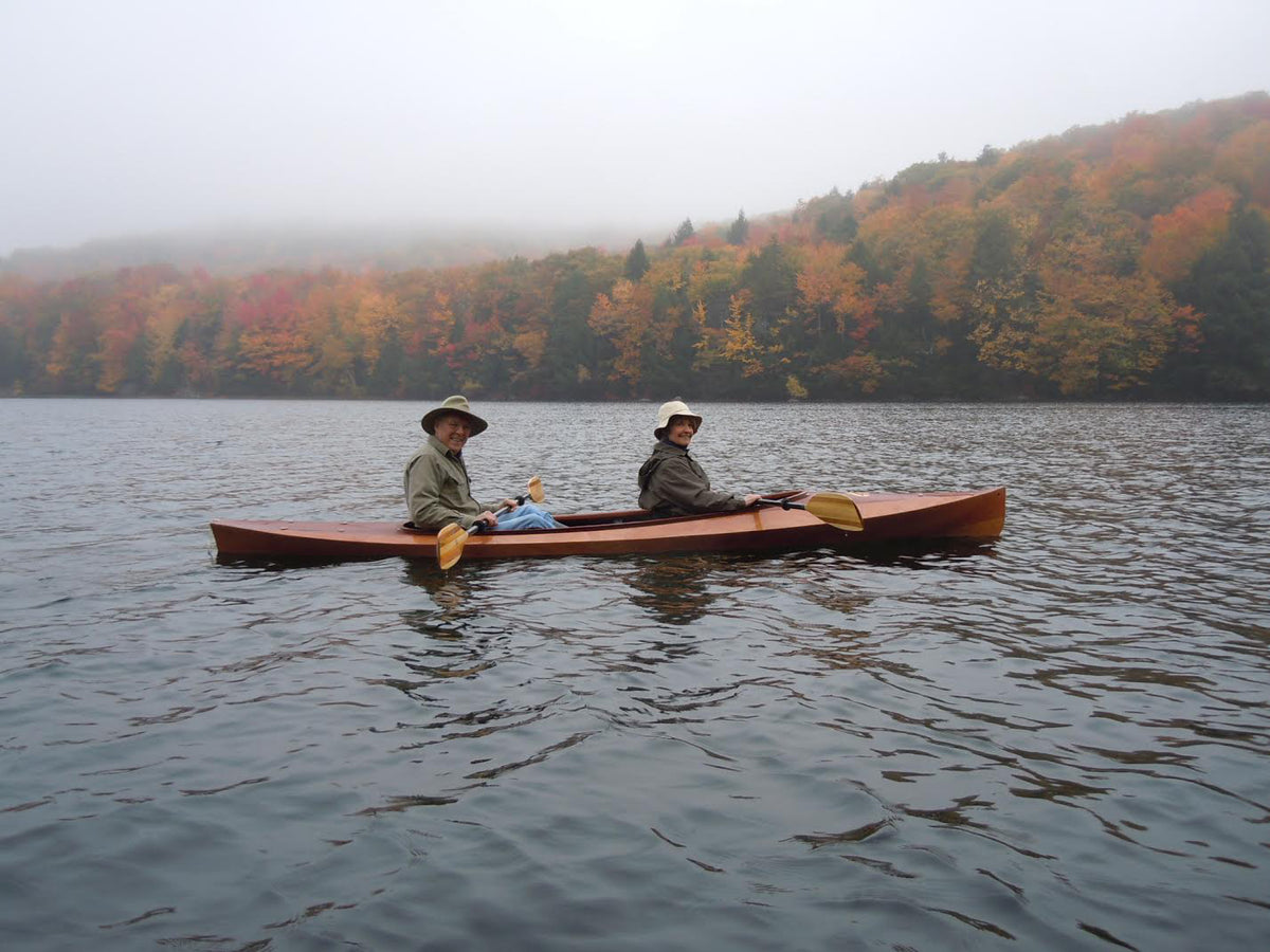 Gary D. and a friend have plenty of cockpit room in their Wood Duck Double kayak as they paddle on a foggy fall day in New Hampshire.