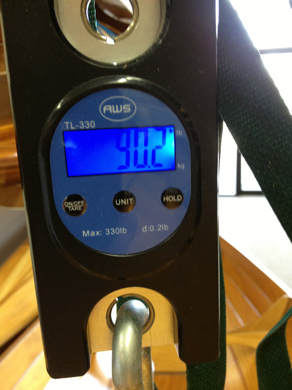 Digital scale reading 90.2 lbs for an Annapolis Wherry Tandem