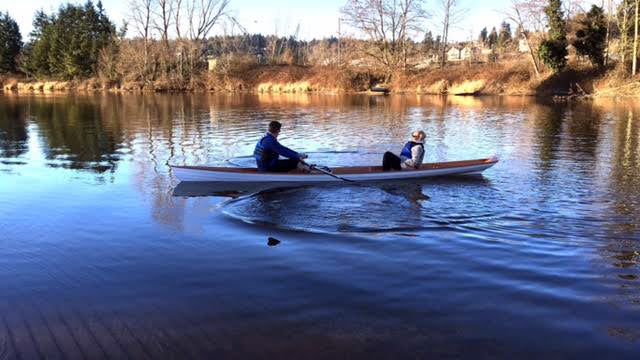 Rowing with a passenger in an Annapolis Wherry Tandem built by Paul E., Edmonds, WA