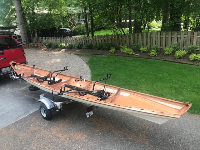 An Annapolis Wherry Tandem built by Pieter V. on a trailer