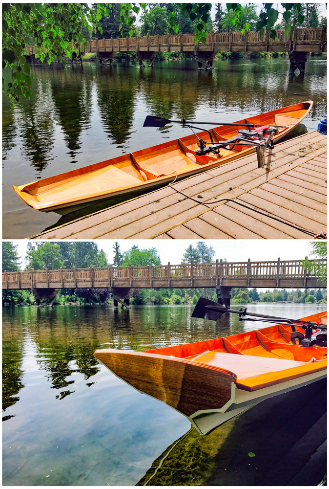 Two views of an Annapolis Wherry Tandem built by Don H., Deschutes River, OR