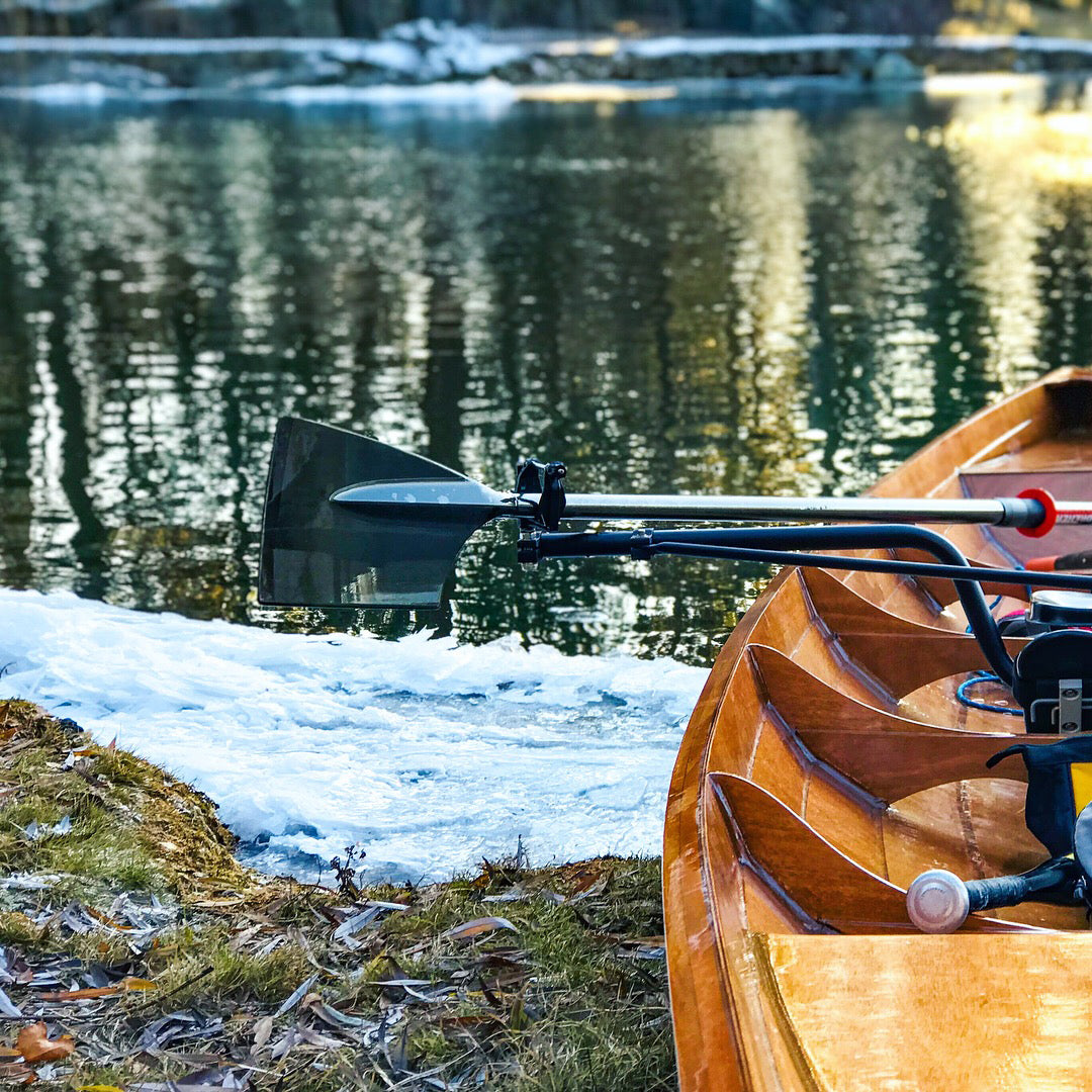 A detailed view of an Annapolis Wherry Tandem built by Donny H, on an ice-rimmed shore of Waldo Lake, Oregon