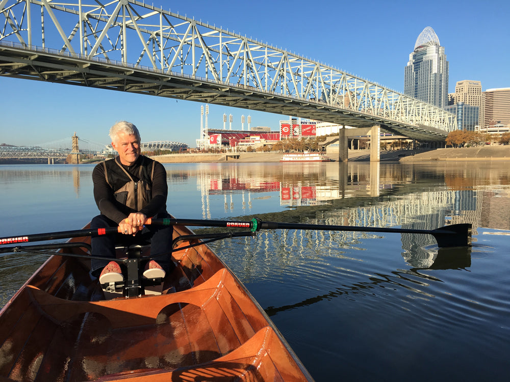 Builder Larry H. rowing his Annapolis Wherry Tandem on the Ohio River in downtown Cincinnati, OH