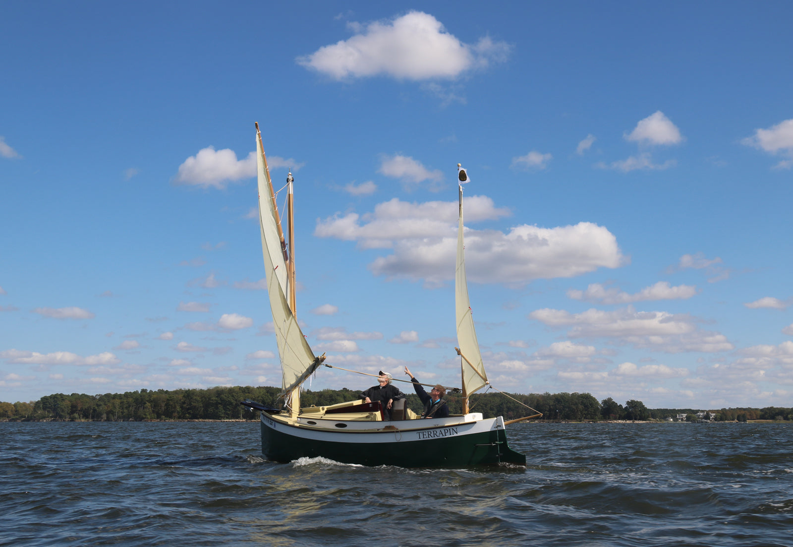 John Harris and boat's owner sailing the lug-rigged Autumn Leaves canoe yawl, TERRAPIN.