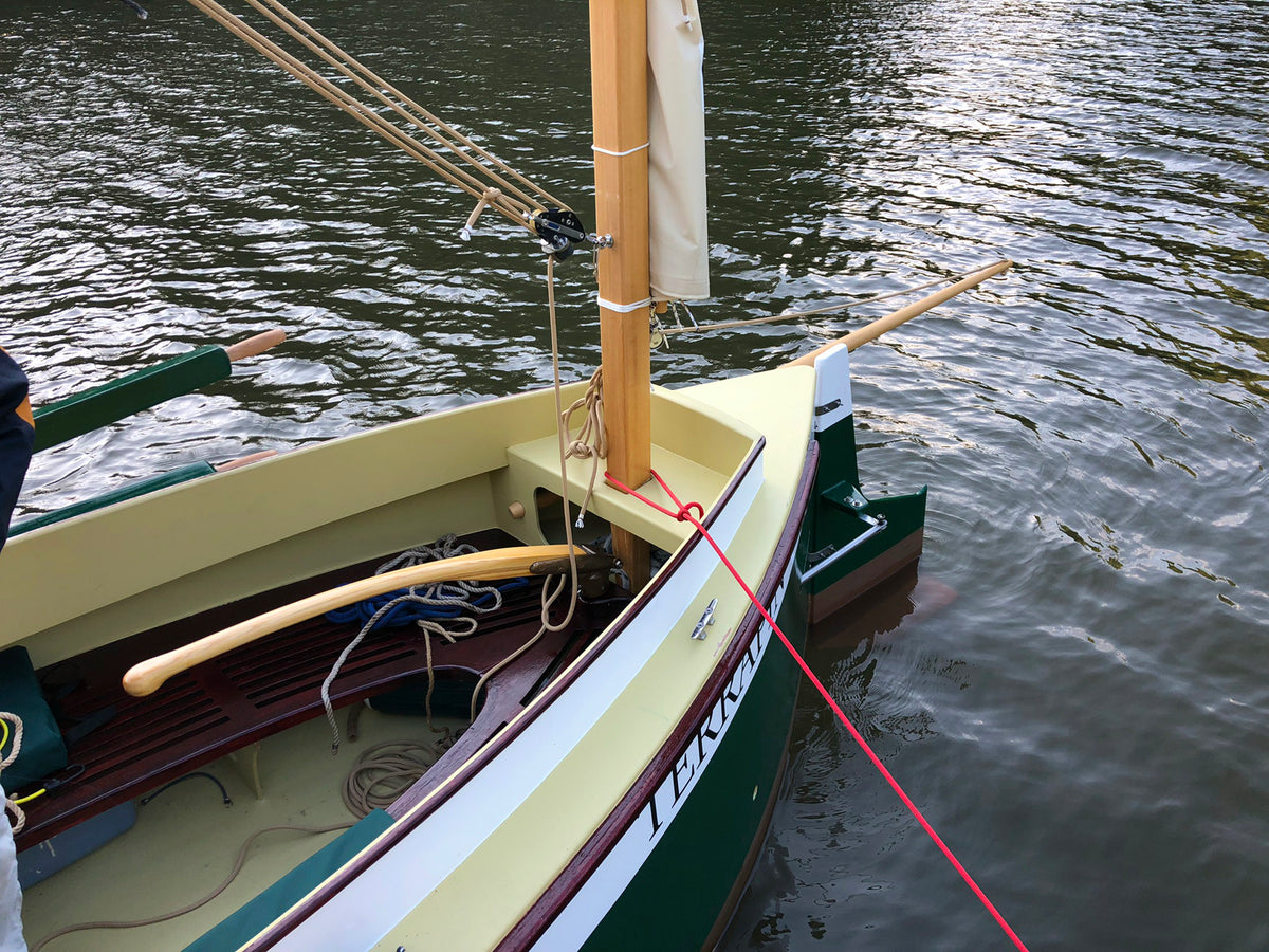 View of the stern of an Autumn Leaves canoe yawl.