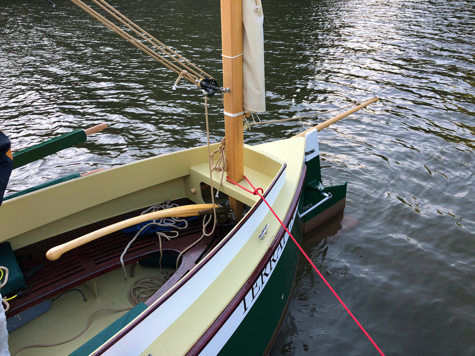 View of the stern of an Autumn Leaves canoe yawl.