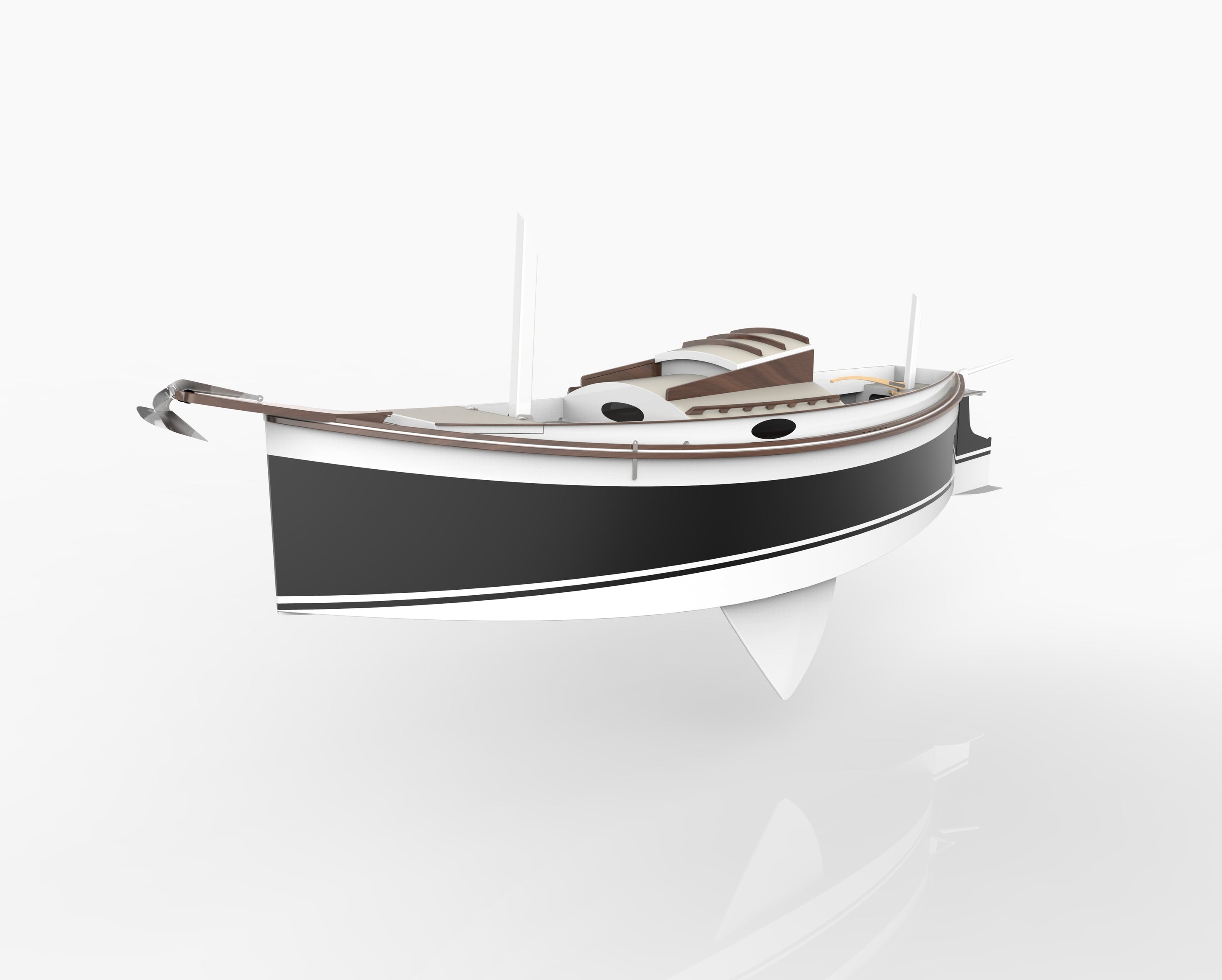 Rendering of the Autumn Leaves Canoe yawl, viewed from port bow.