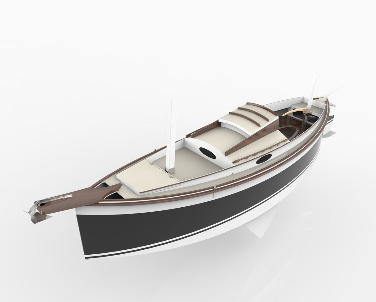 Rendering of the Autumn Leaves Canoe yawl, from above port beam, closeup.