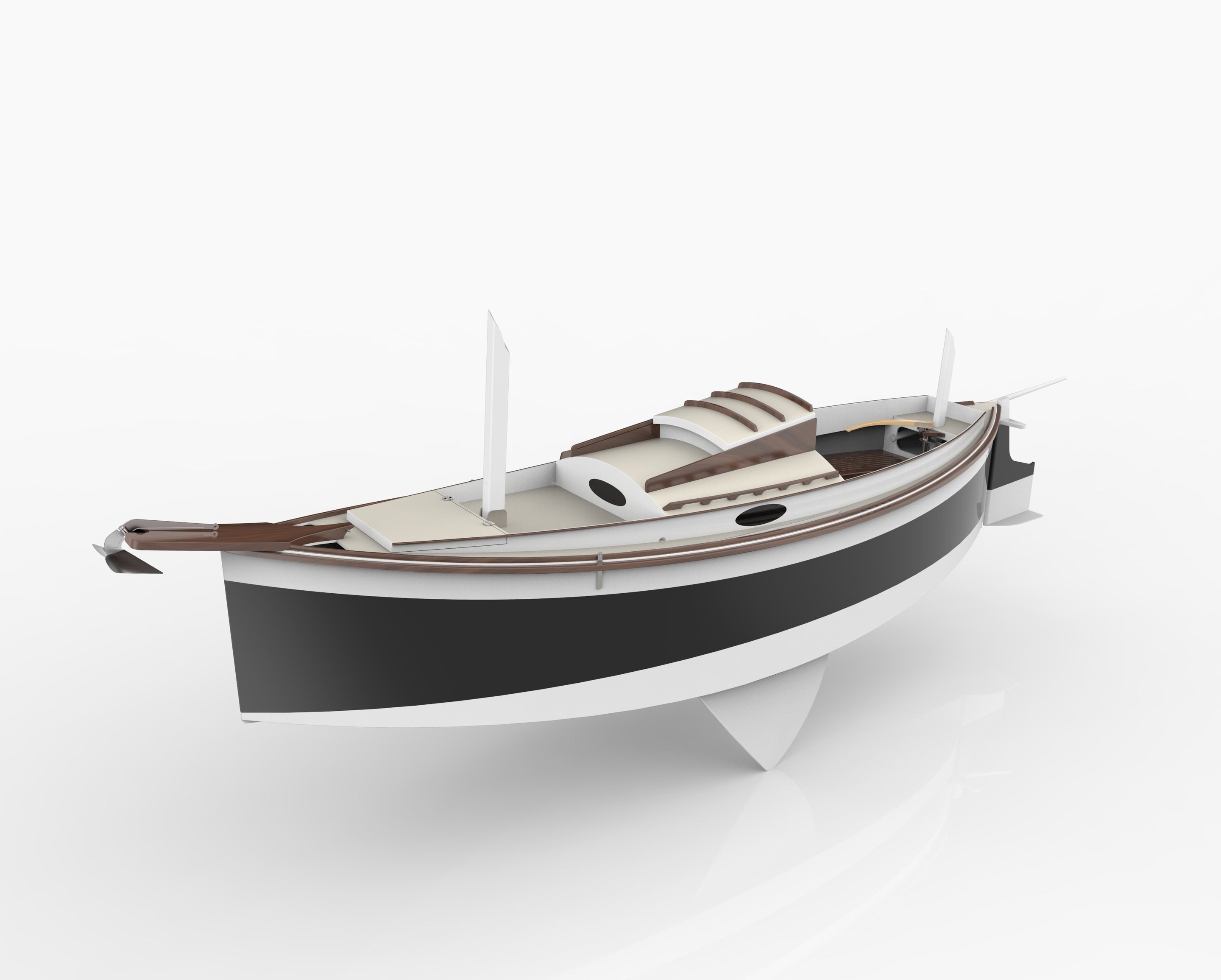 Rendering of the Autumn Leaves Canoe yawl, viewed from above port beam.