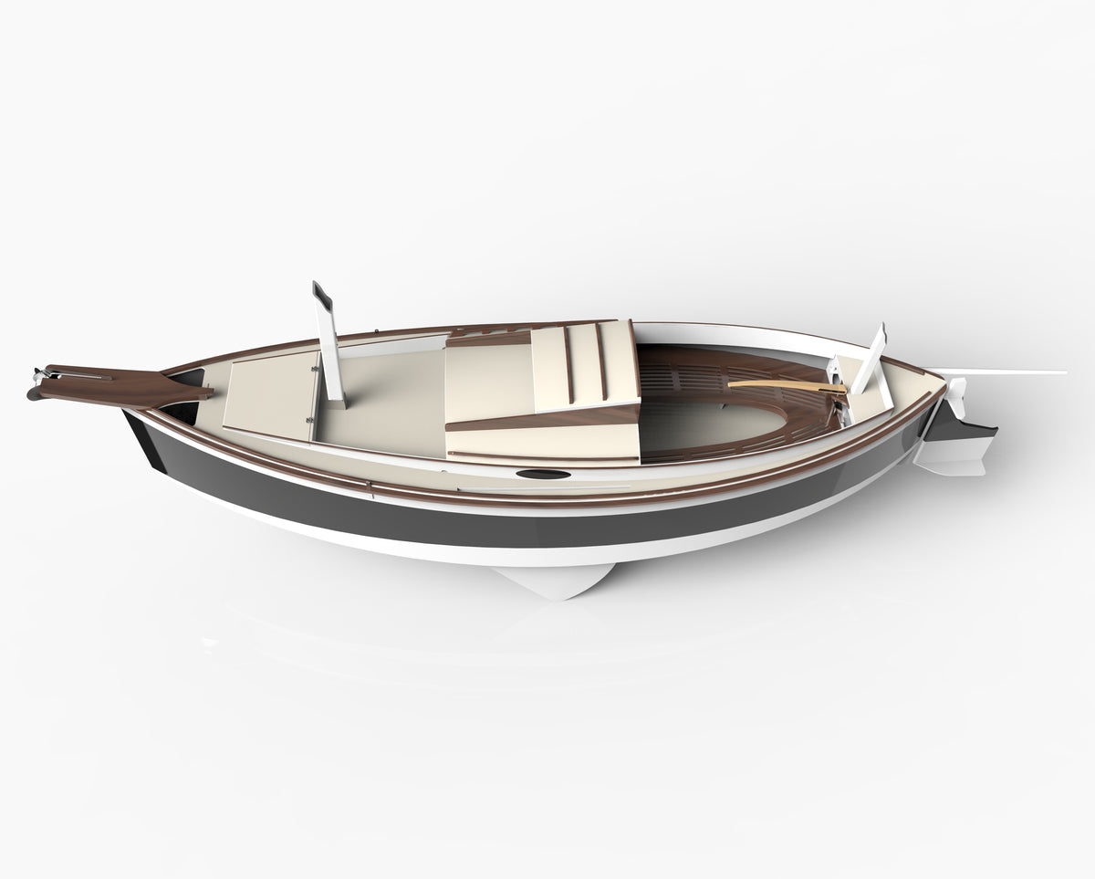 Rendering of the Autumn Leaves Canoe yawl, showing deck layout, rudder, and centerboard.