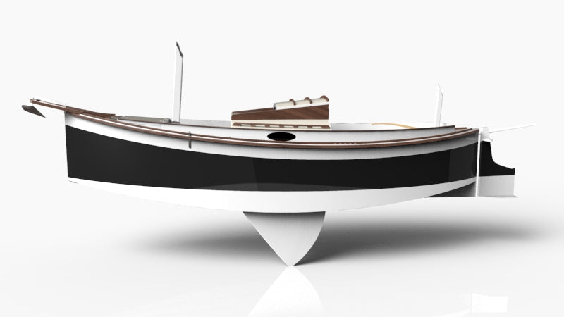 Rendering of the Autumn Leaves Canoe yawl, profile view from port side.