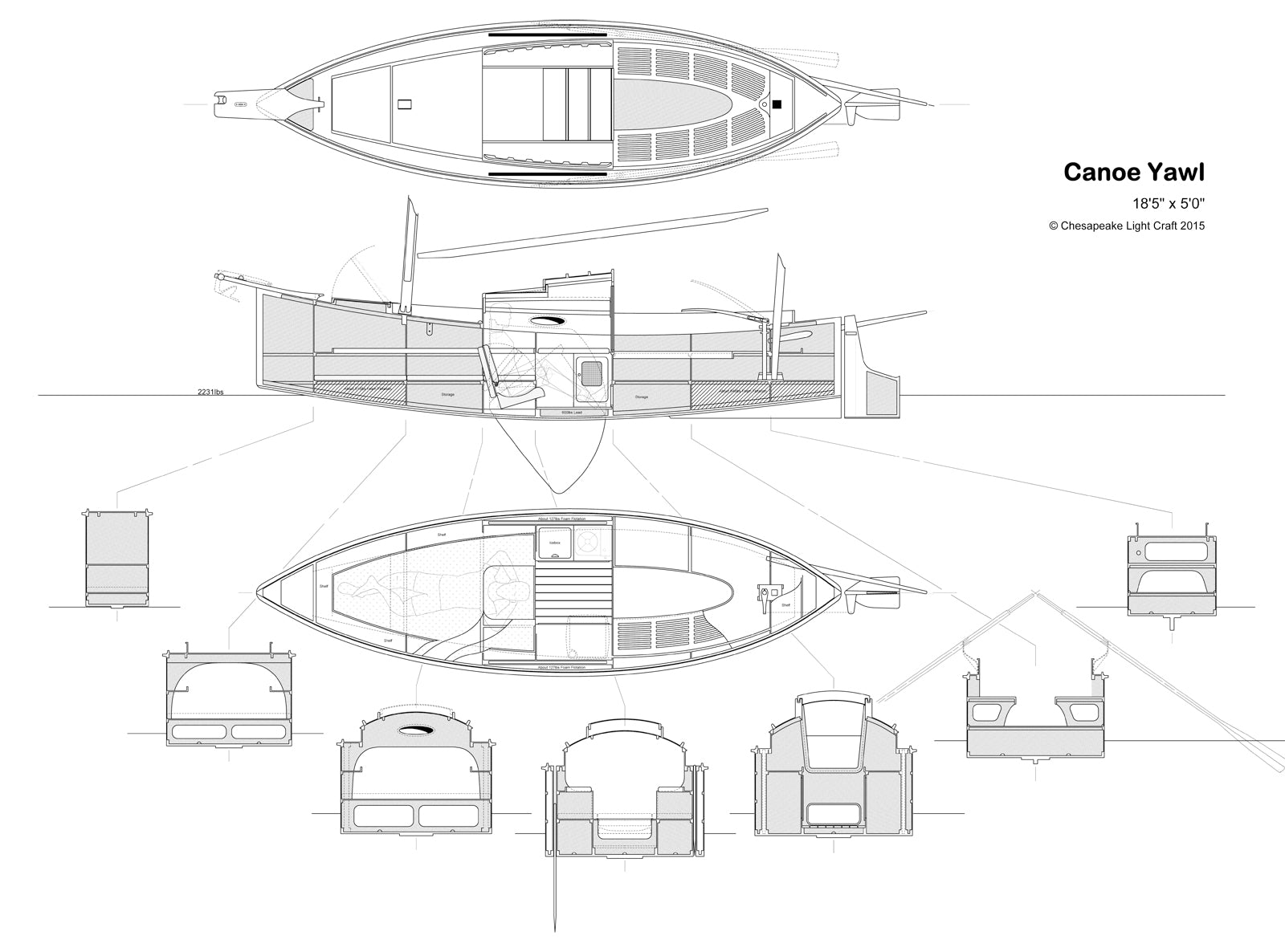 Deck layout, profile, and bulkhead section views of the Autumn Leaves canoe yawl. 