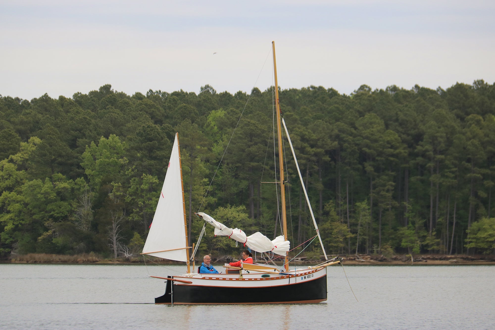 Autumn Leaves canoe yawl at anchor