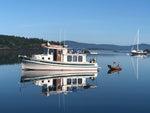 CARRIE ROSE with her Eastport Pram in tow on a glass-like sea. Thumbnail