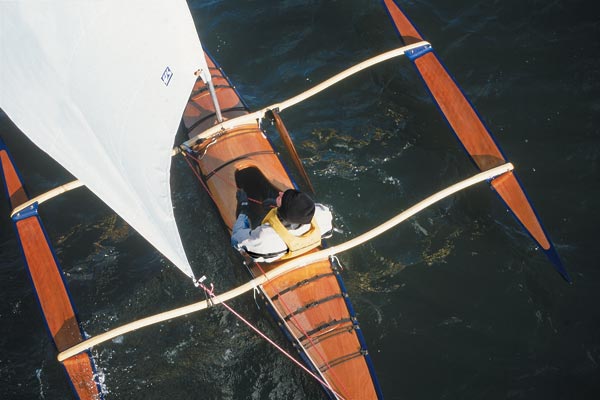 Overhead show of the CLC SailRig shows the orange sheet running along the port side of the kayak hull. 