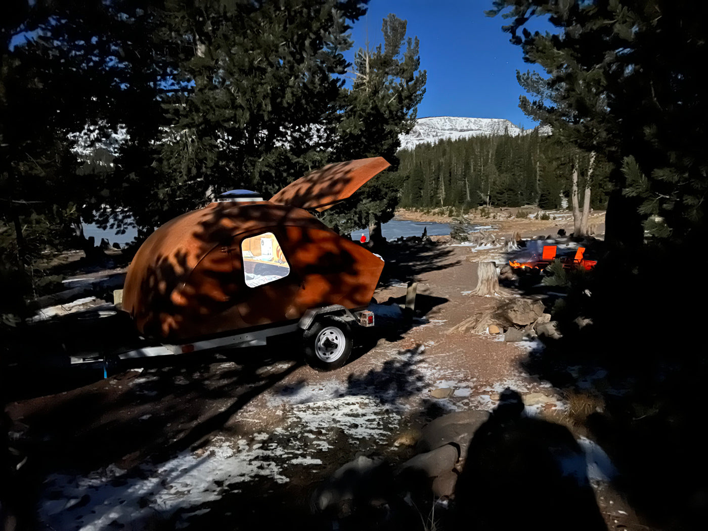 Megan and John Dugan went winter camping with their CLC Teardrop Camper.