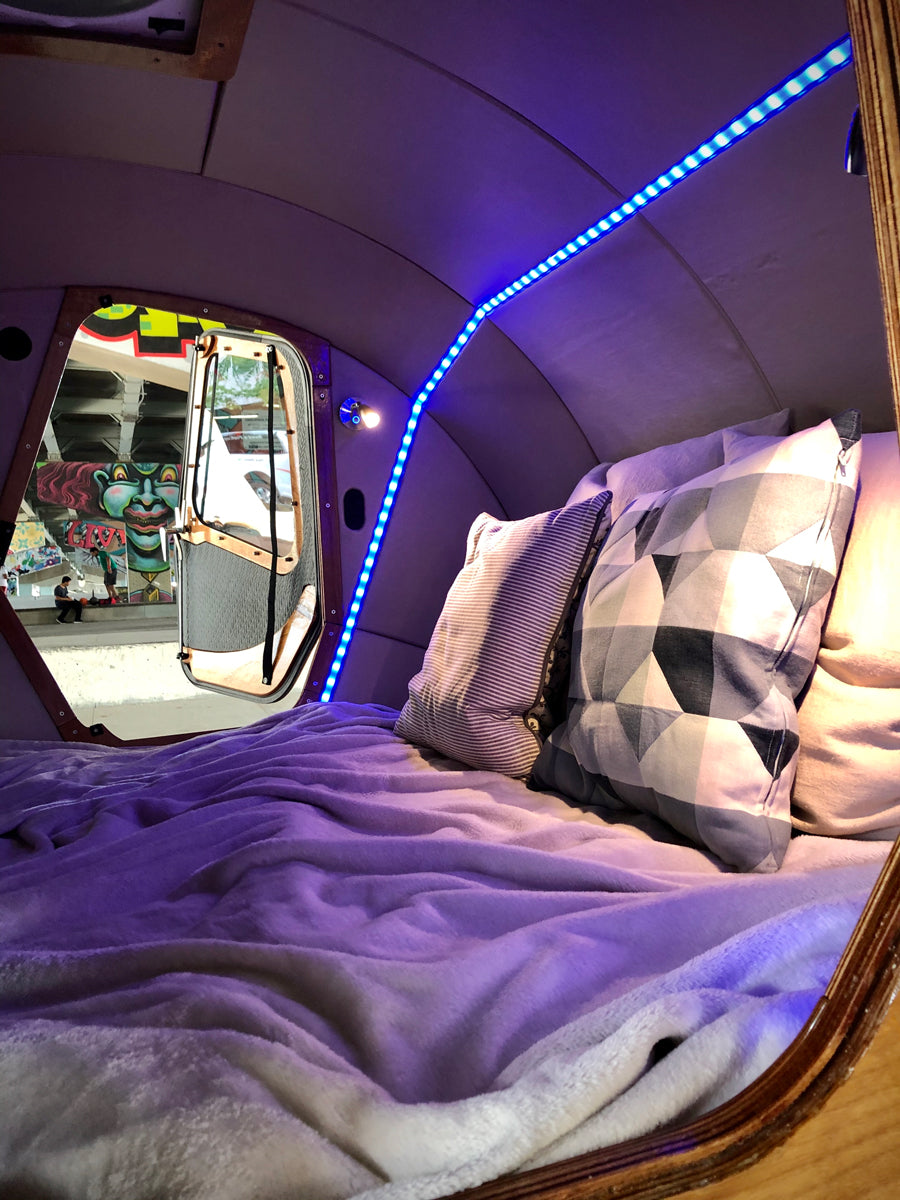 CLC Teardrop Camper with unconventional interior lighting. 