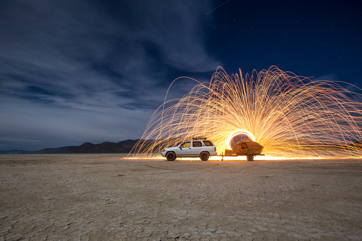 Griffin Moon and his CLC Teardrop Camper in the Nevada desert.