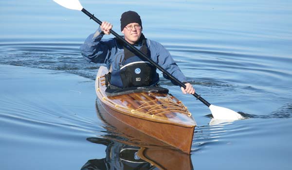 Paddling a Chesapeake 16 Hybrid wooden kayak built by Dale M.