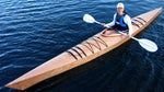 Karen T paddling her Chesapeake 16 wooden kayak.   Thumbnail