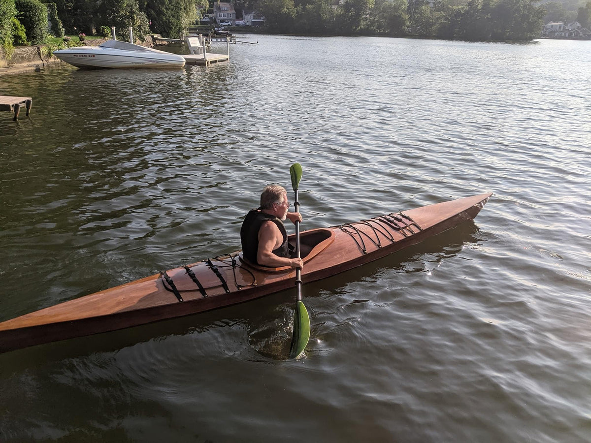 The maiden voyage of Dave B's Chesapeake 16 wooden kayak, on Indian Lake, Worcester, Mass