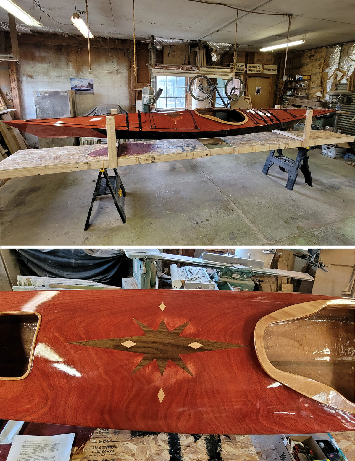 A Chesapeake 17LT wooden kayak with custom inlay on the deck built by Chris S. in Oregon