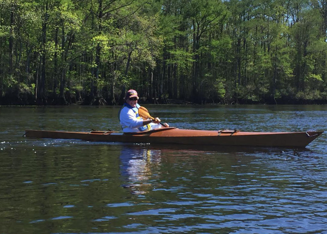 Robert D. paddling his Chesapeake 17LT wooden kayak on Murrells Inlet, South Carolina