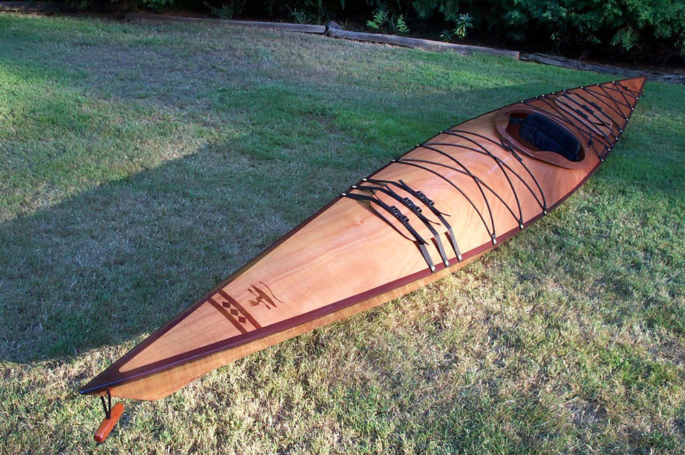 Fine detailing on the bow of a Chesapeake 17LT wooden kayak built by Russ S.