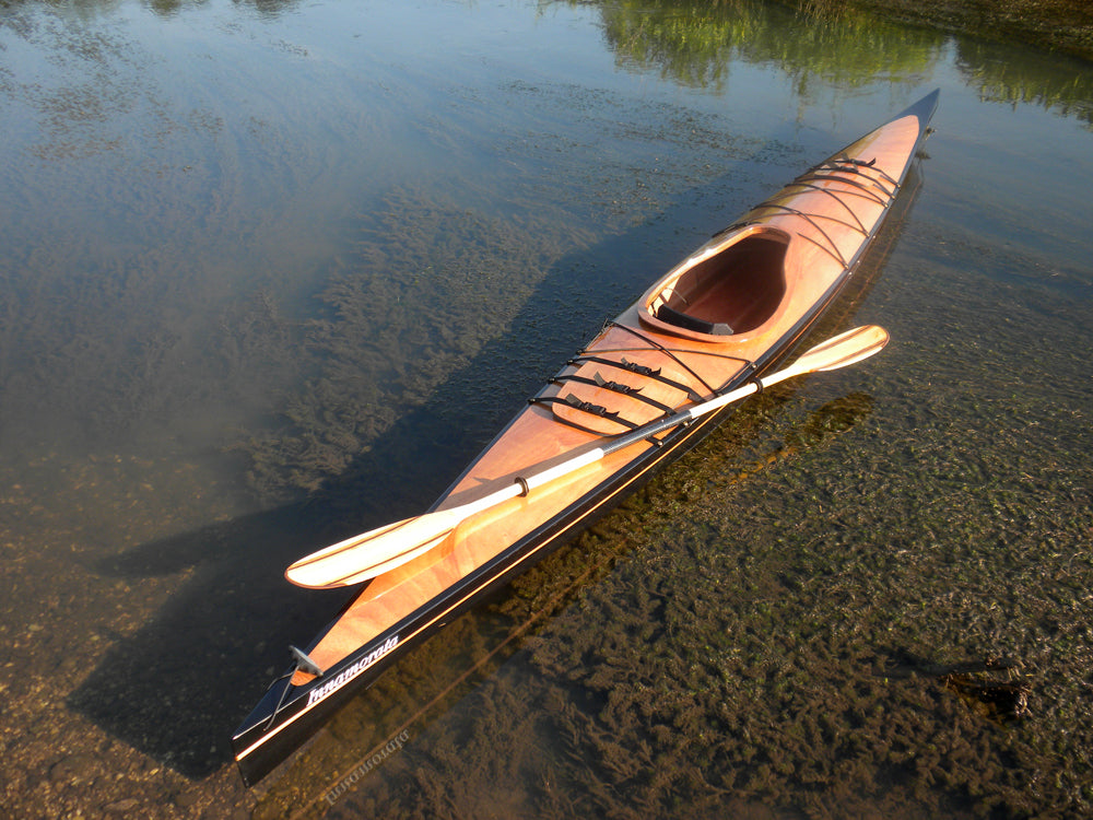 A Chesapeake 17LT wooden kayak built by David W. on Maryland's Patuxent River at Billingsley's Point