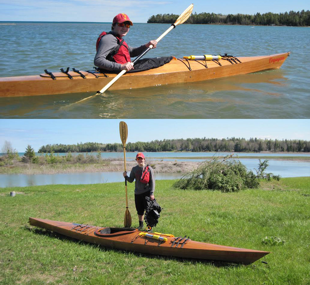 Two views of a Chesapeake 17LT wooden kayak built by Gary I.