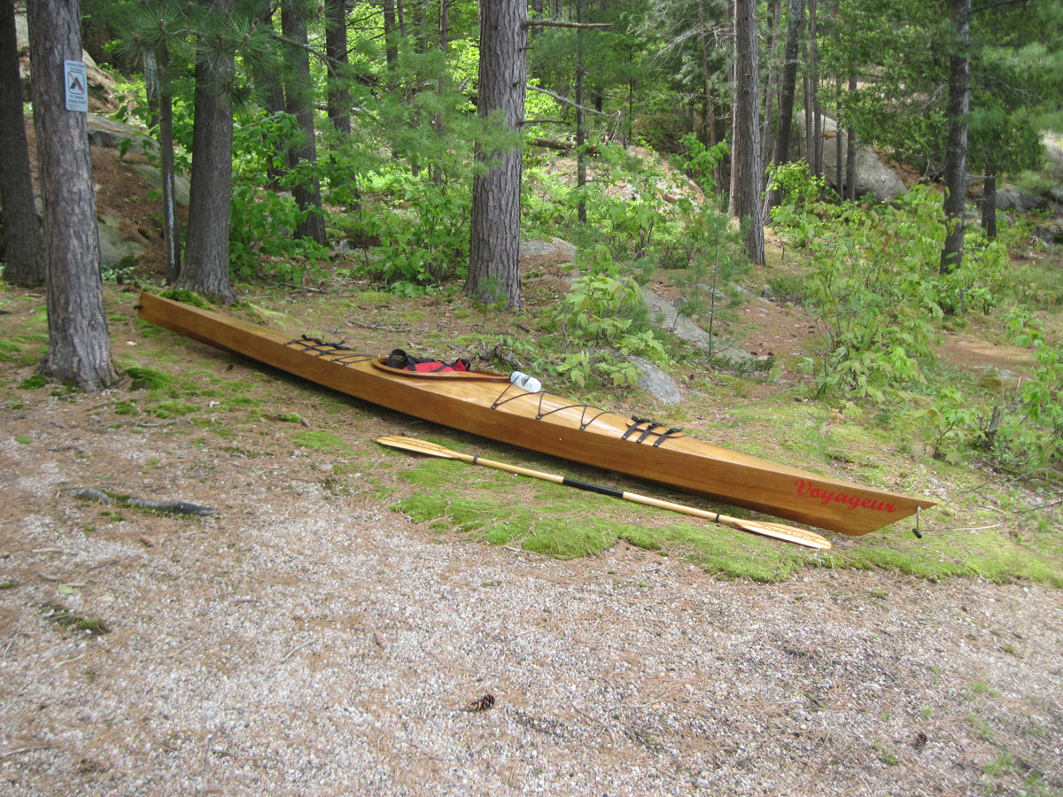 Gary I's Chesapeake 17LT wooden kayak on the shore at Killarney Provincial Park, George Lake, Canada