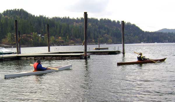 Paddling away from the dock in Peter V's Chesapeake 17 wooden kayak