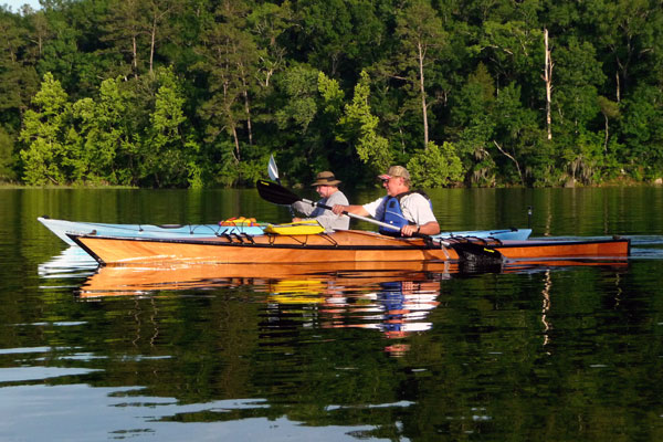 Brent H. paddling his Chesapeake 17 wooden kayak with a skeg installed