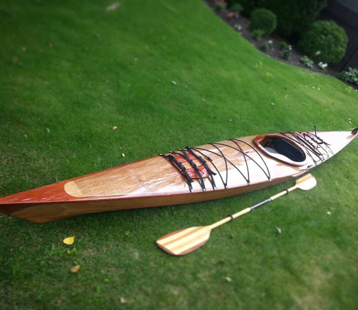 A Chesapeake 17 wooden kayak built by Barrett R. in Saskatoon, Saskatchewan, Canada