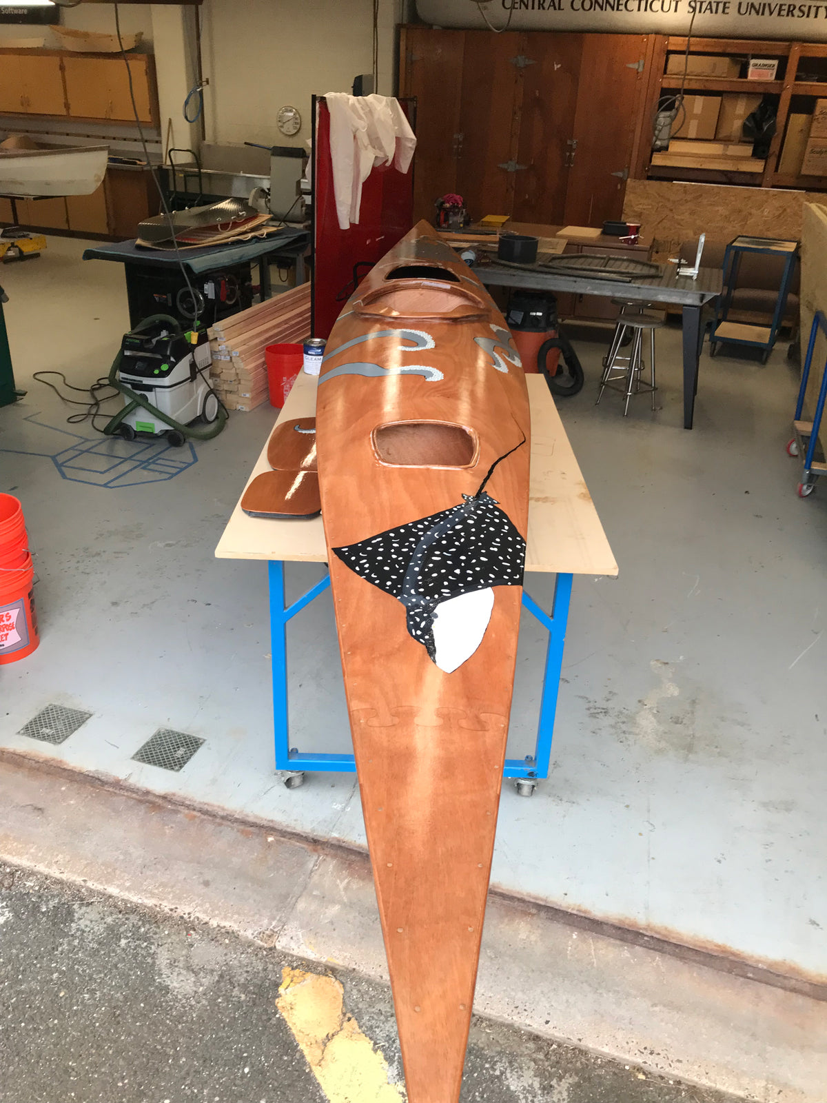 Jerry J's Chesapeake 17 wooden kayak in the final finishing stages in his shop in Connecticut