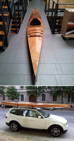 Two views of a Chesapeake 17 wooden kayak built by Ottavio B. in Italy Thumbnail