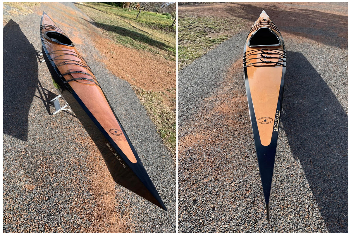 Two views of a Chesapeake 17 wooden kayak built by Ray D. in Canberra, Australia