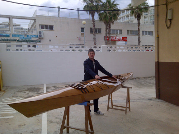 Sergio M. displaying his Chesapeake 17 wooden kayak in Valencia, Spain