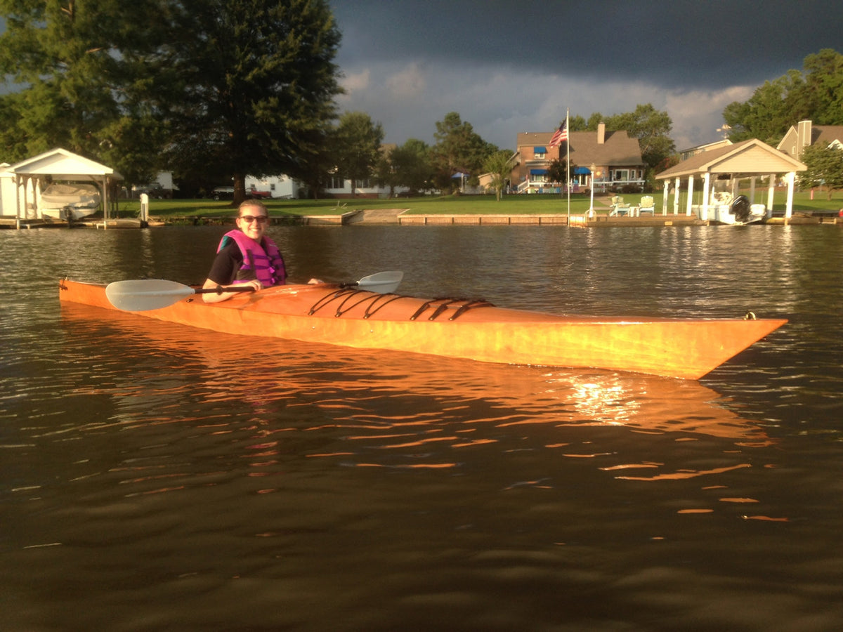 Paddling a Chesapeake 17 wooden kayak built by Skip C