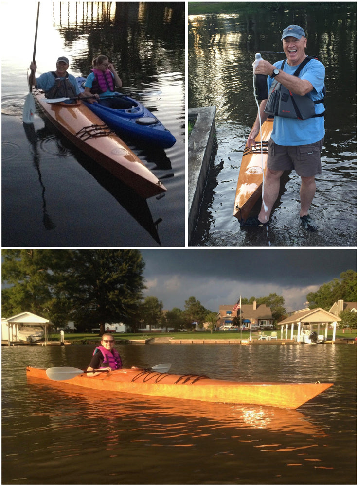 Three views of a Chesapeake 17 wooden kayak built by Skip C. in Rocky Mount, NC