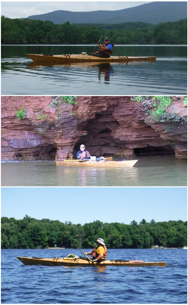 Three images of paddling a Chesapeake 17 wooden kayak built by Susan P. at the Apostle Islands National Lakeshore in Wisconsin