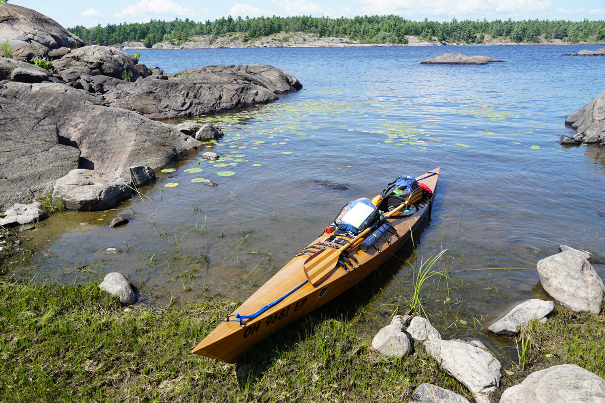 A Chesapeake 17 wooden kayak built loaded up for an expedition on the French River delta at Georgian Bay