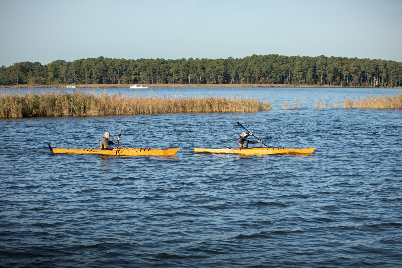 Paddling a Chesapeake 17 wooden kayak (left) with a Chesapeake 16LT 