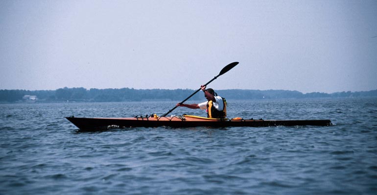 Paddling a Chesapeake 18 wooden kayak