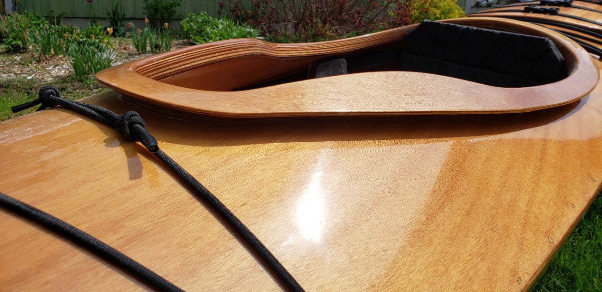 Close up look at the cockpit coaming of Glenn C's Chesapeake 18 wooden kayak