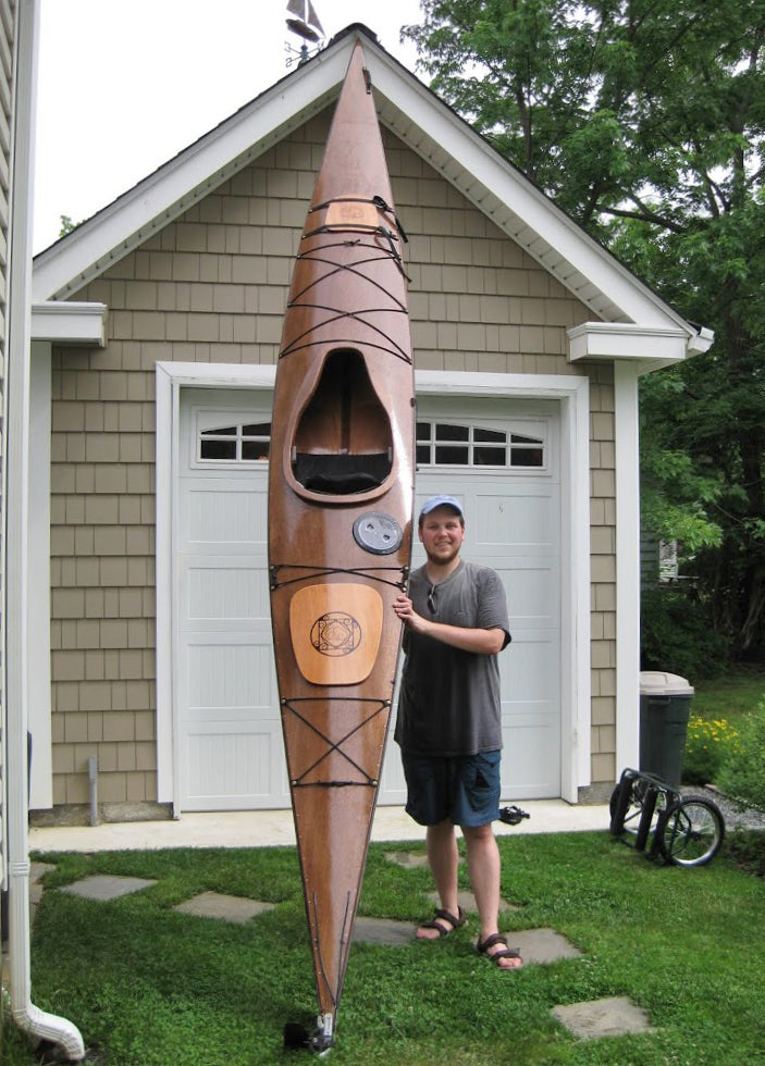 Josh A and his Chesapeake 18 wooden kayak with decorative hatches